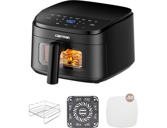 Cartman Compacte heteluchtfriteuse, 3,8 l, klein, ultraplatte hoogte van 17 cm, instelbare luchtstroom, kijkvenster, tot 230 °C, 7 touch-presets, draagbare heteluchtfriteuse, zwart