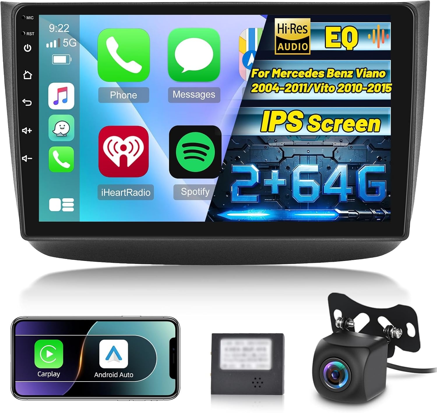 [2G+64G] Android Car Stereo for Mercedes Benz Viano 2004-2011/Vito 2010-2015, 10.1 inch Touch Screen Radio with Wireless Carplay & Android Auto/GPS/WiFi/Bluetooth/EQ/FM RDS Radio