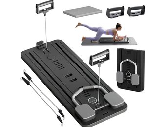 Pilates Reformer Machine Board Set Ab Roller Exercise Wheel Automatic Rebound Foldable Pilates Board Abdominal Exercise Equipment with Resistance Rope and Timer