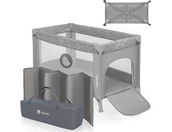 LIONELO Stefi Reisbedje Opvouwbaar Campingbedje met Matras (0–36m tot 15kg), Zij-ingang, Ventilerende Gaaswanden, Wielen met Rem, LockGuard Veiligheid, Compact Inklapbaar met Draagtas, Grijs