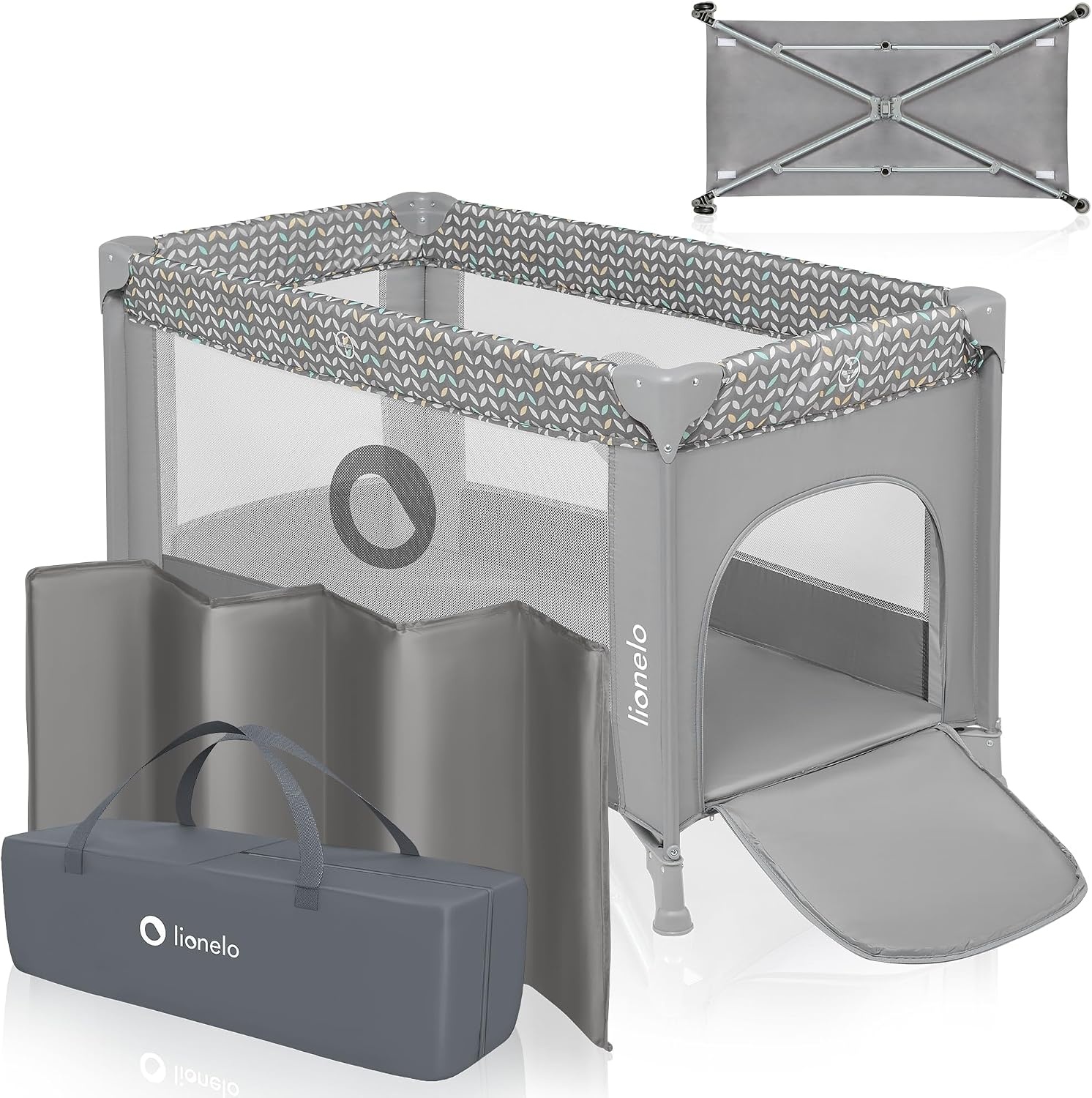 LIONELO Stefi Reisbedje Opvouwbaar Campingbedje met Matras (0–36m tot 15kg), Zij-ingang, Ventilerende Gaaswanden, Wielen met Rem, LockGuard Veiligheid, Compact Inklapbaar met Draagtas, Grijs