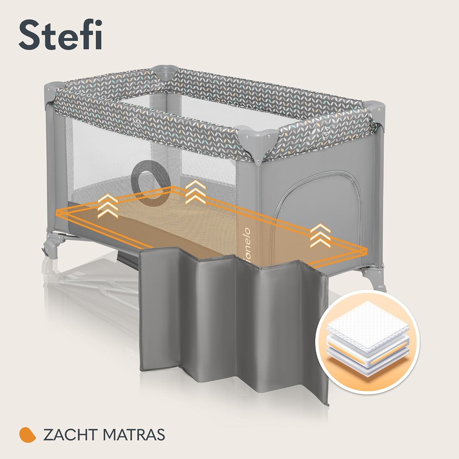 LIONELO Stefi Reisbedje Opvouwbaar Campingbedje met Matras (0–36m tot 15kg), Zij-ingang, Ventilerende Gaaswanden, Wielen met Rem, LockGuard Veiligheid, Compact Inklapbaar met Draagtas, Grijs