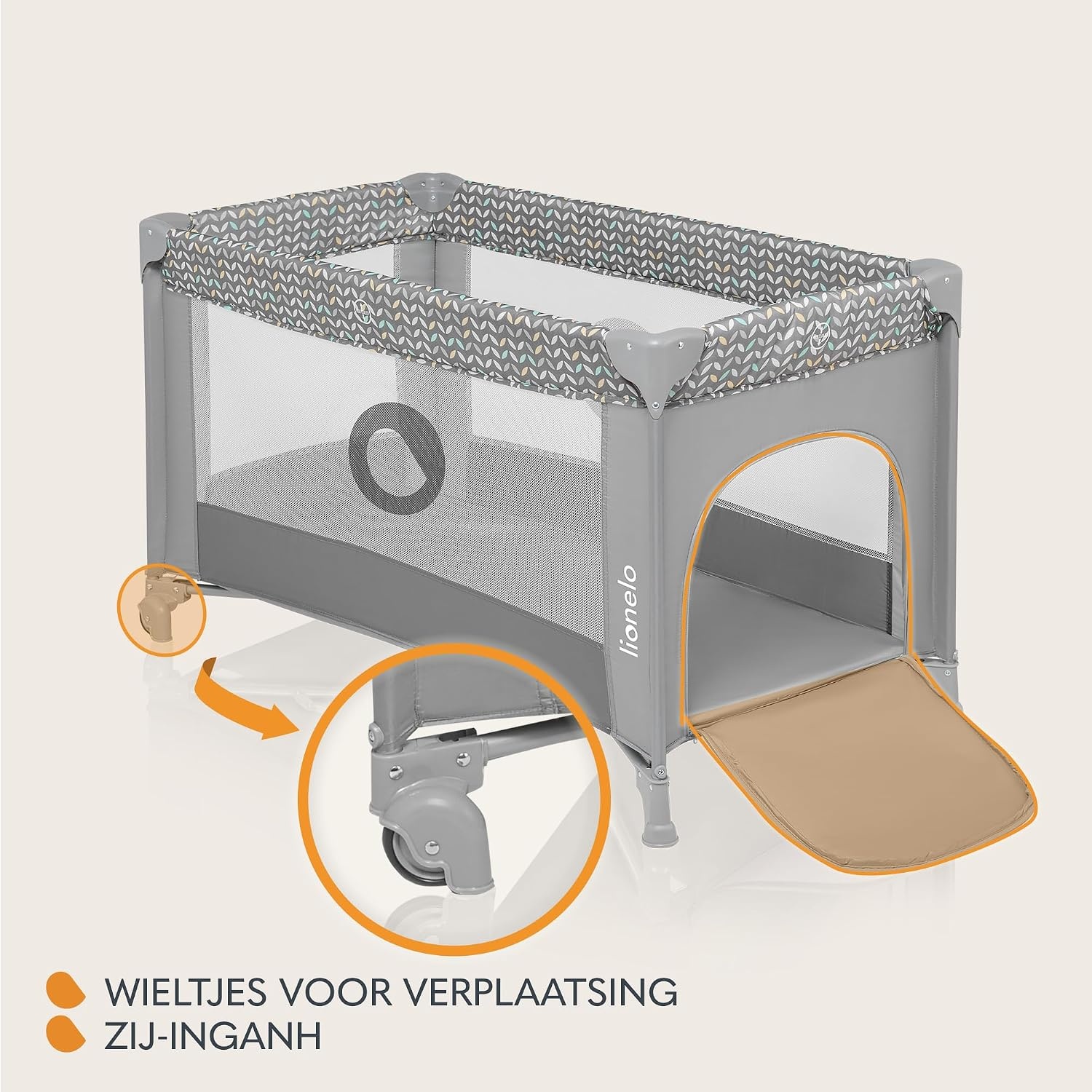 LIONELO Stefi Reisbedje Opvouwbaar Campingbedje met Matras (0–36m tot 15kg), Zij-ingang, Ventilerende Gaaswanden, Wielen met Rem, LockGuard Veiligheid, Compact Inklapbaar met Draagtas, Grijs