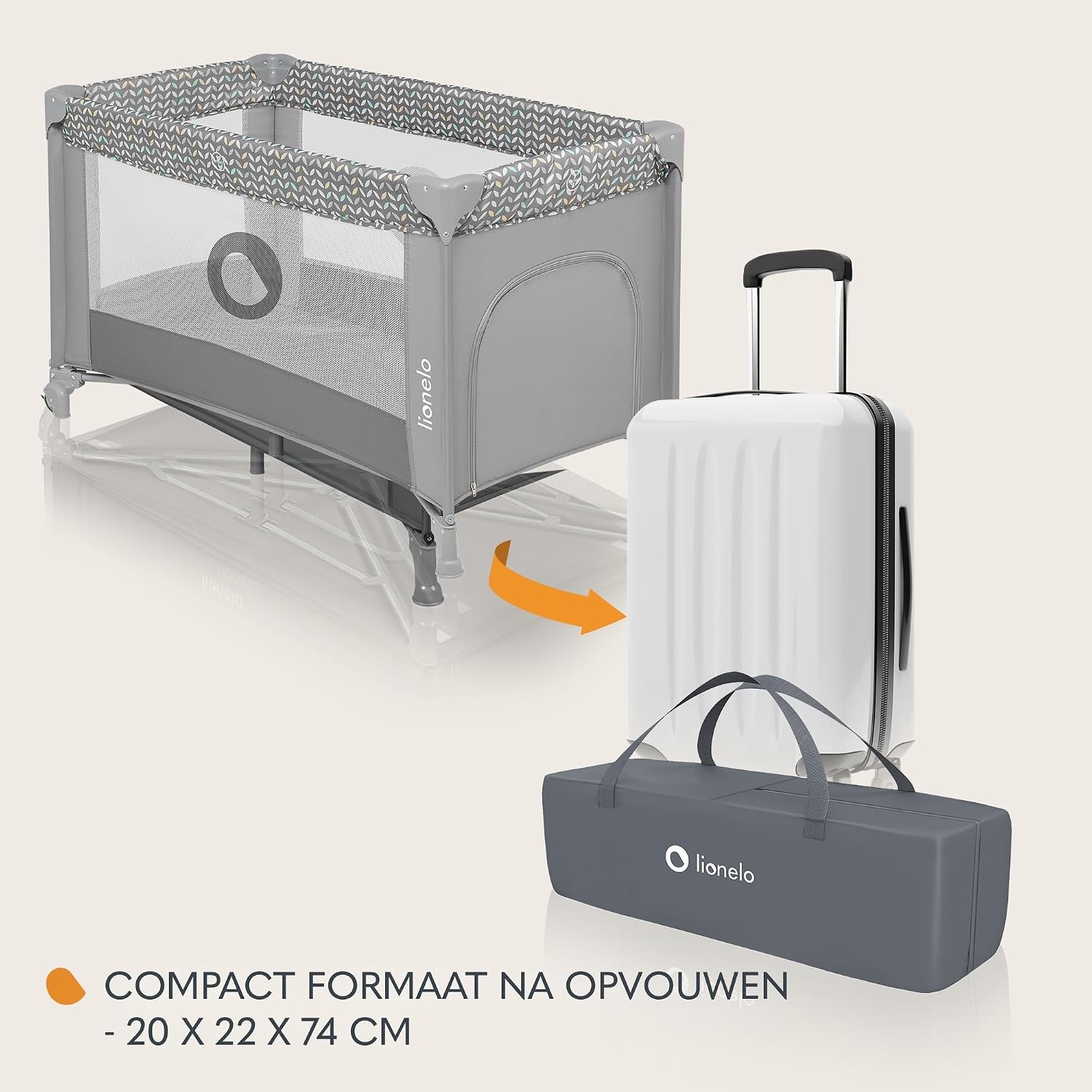 LIONELO Stefi Reisbedje Opvouwbaar Campingbedje met Matras (0–36m tot 15kg), Zij-ingang, Ventilerende Gaaswanden, Wielen met Rem, LockGuard Veiligheid, Compact Inklapbaar met Draagtas, Grijs