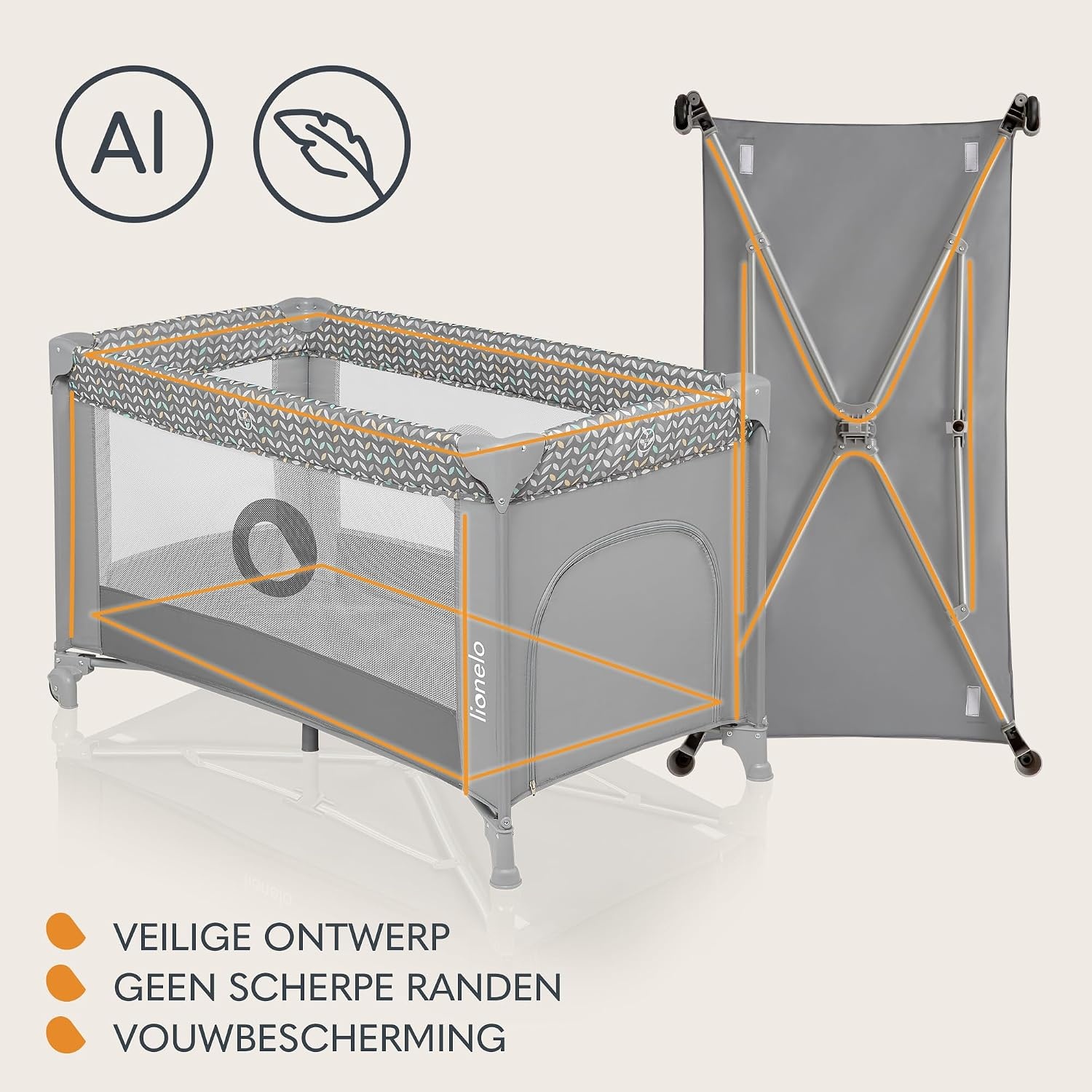 LIONELO Stefi Reisbedje Opvouwbaar Campingbedje met Matras (0–36m tot 15kg), Zij-ingang, Ventilerende Gaaswanden, Wielen met Rem, LockGuard Veiligheid, Compact Inklapbaar met Draagtas, Grijs