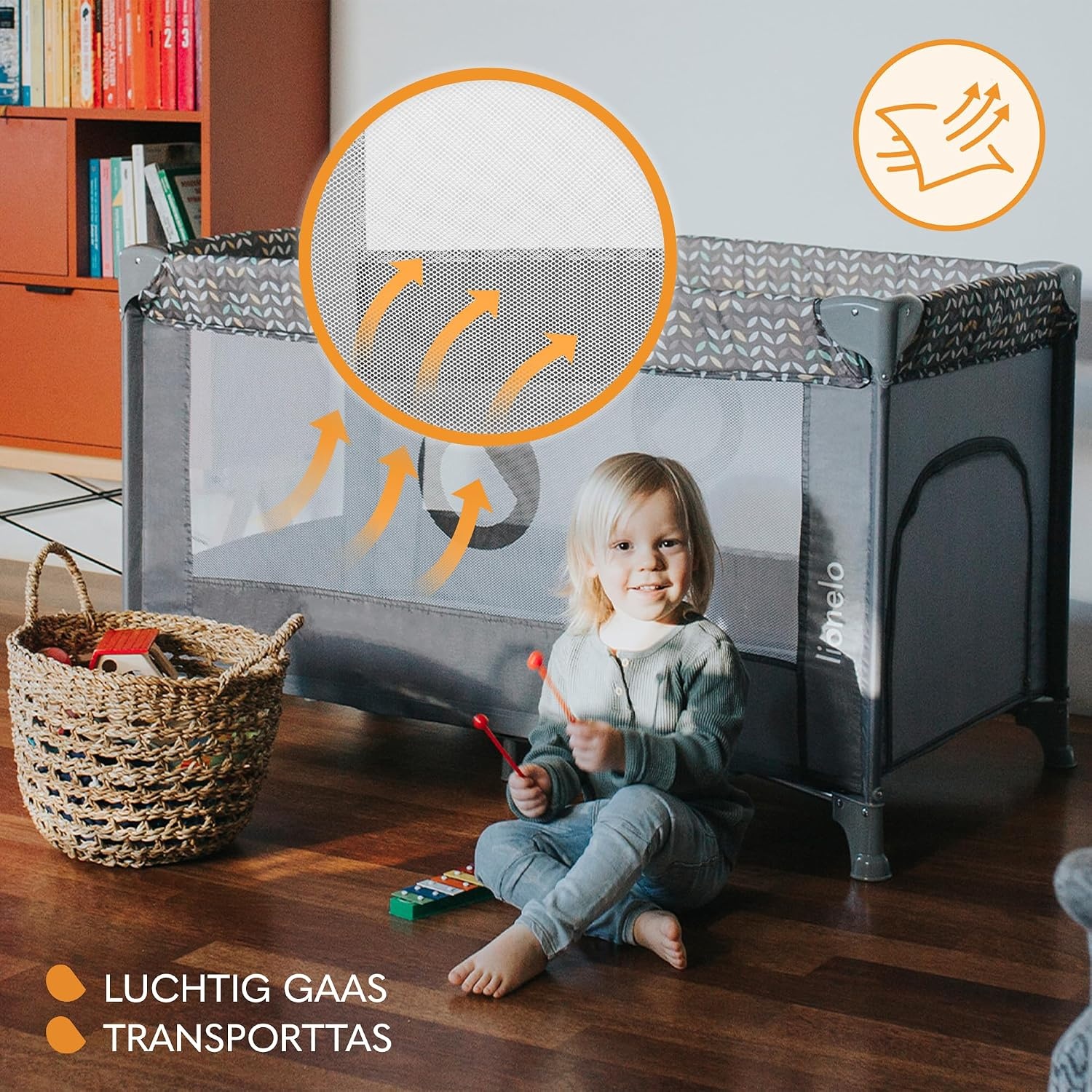 LIONELO Stefi Reisbedje Opvouwbaar Campingbedje met Matras (0–36m tot 15kg), Zij-ingang, Ventilerende Gaaswanden, Wielen met Rem, LockGuard Veiligheid, Compact Inklapbaar met Draagtas, Grijs