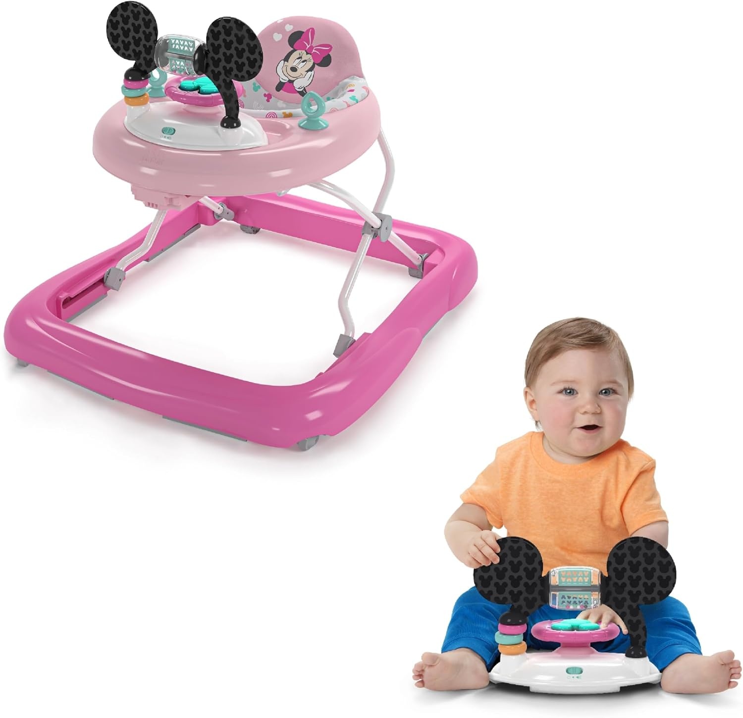 Bright Starts, Disney Baby, Minnie Mouse Forever Besties 2-in-1 Activity Walker with Removable Toy Station with Lights, Songs & Sounds, Adjustable Height, Foldable, Easy to Clean, Pink, Age 6 months+