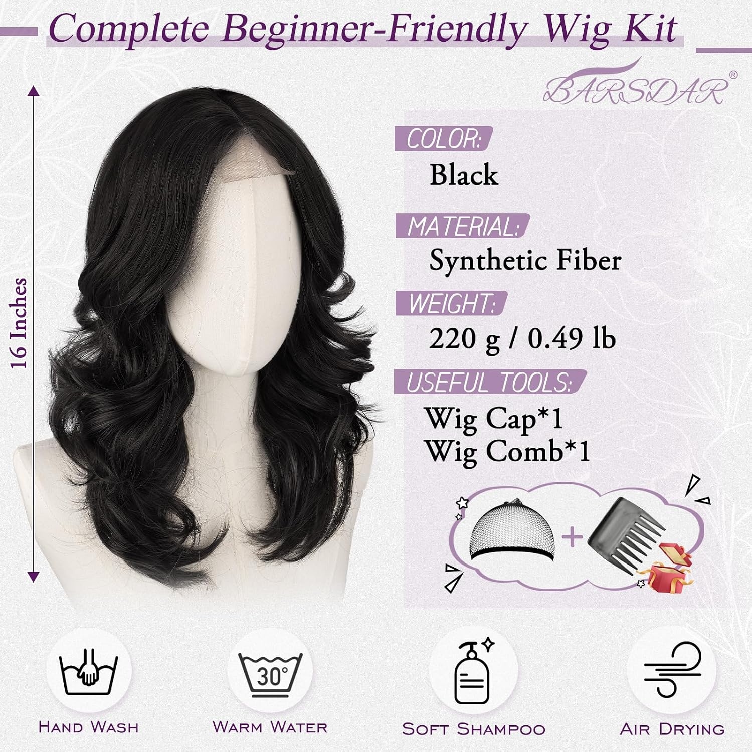 Zwarte Golvende Pruik 40cm - Synthetisch Haar met Pony | 58% Korting
