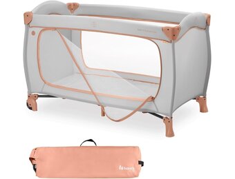 hauck reisbed Sleep N Play Go Plus - Babyreisbed met wieltjes, draagtas, opvouwbare bodem en grote opening om in te spelen - vanaf de geboorte tot 15 kg - Klein opvouwbaar, Dusty Cork