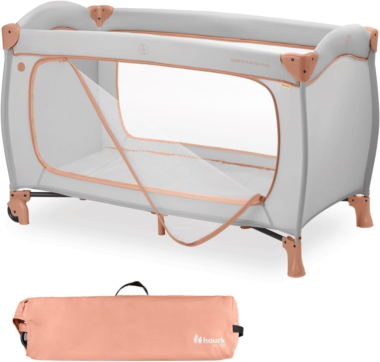 hauck reisbed Sleep N Play Go Plus - Babyreisbed met wieltjes, draagtas, opvouwbare bodem en grote opening om in te spelen - vanaf de geboorte tot 15 kg - Klein opvouwbaar, Dusty Cork