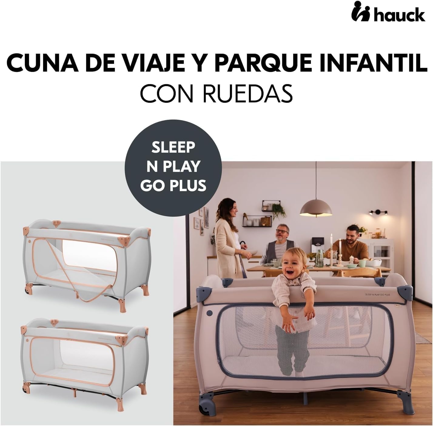 hauck reisbed Sleep N Play Go Plus - Babyreisbed met wieltjes, draagtas, opvouwbare bodem en grote opening om in te spelen - vanaf de geboorte tot 15 kg - Klein opvouwbaar, Dusty Cork