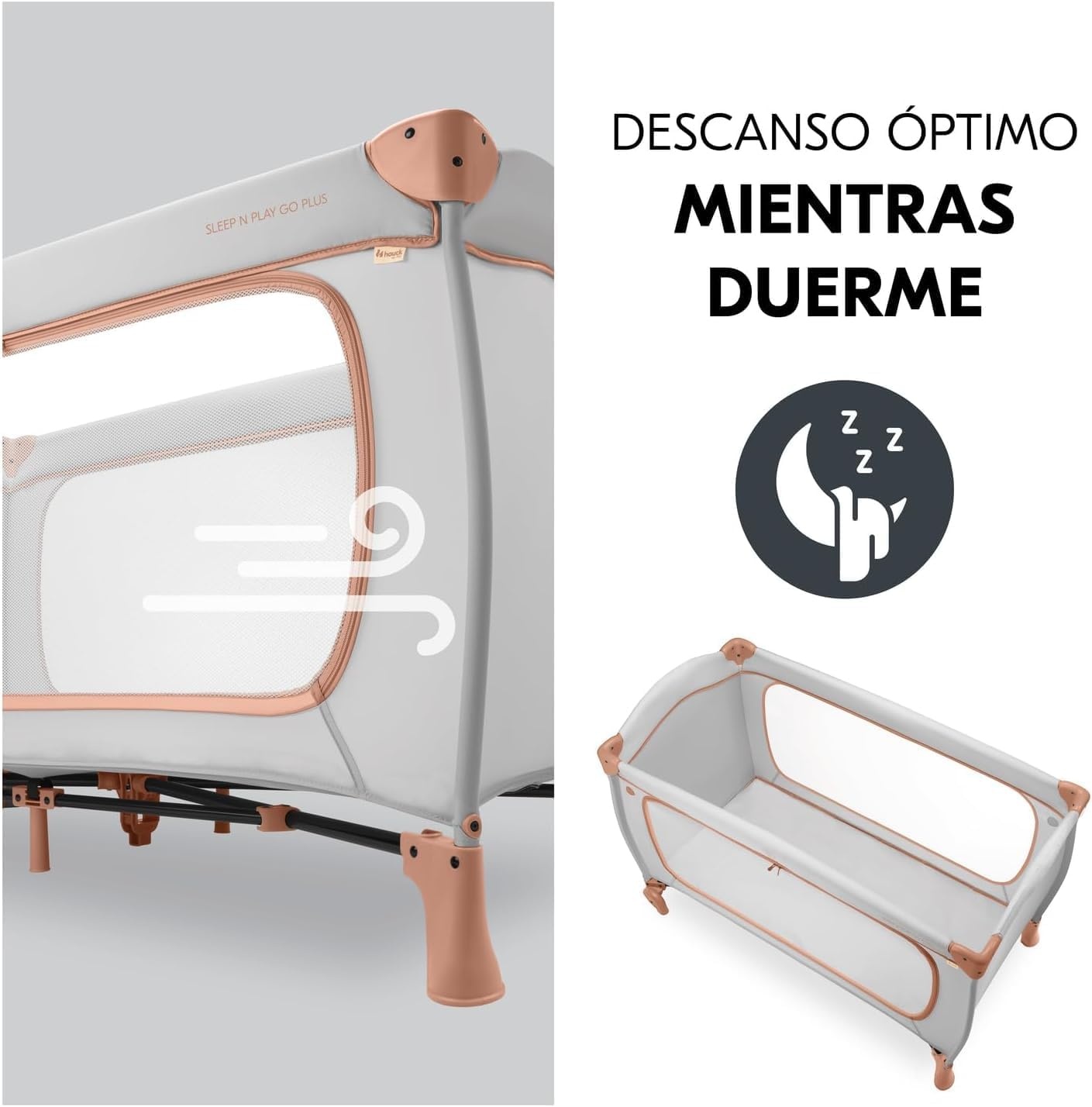 hauck reisbed Sleep N Play Go Plus - Babyreisbed met wieltjes, draagtas, opvouwbare bodem en grote opening om in te spelen - vanaf de geboorte tot 15 kg - Klein opvouwbaar, Dusty Cork