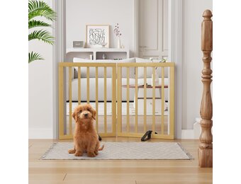 Semiocthome Bamboe vrijstaande hondenhekken voor deuropeningen, 2-panel indoor puppypoorten voor het huis met 2 metalen standaards, 60 cm (H) opvouwbaar huisdierhek voor trappen breidt uit tot 94 cm
