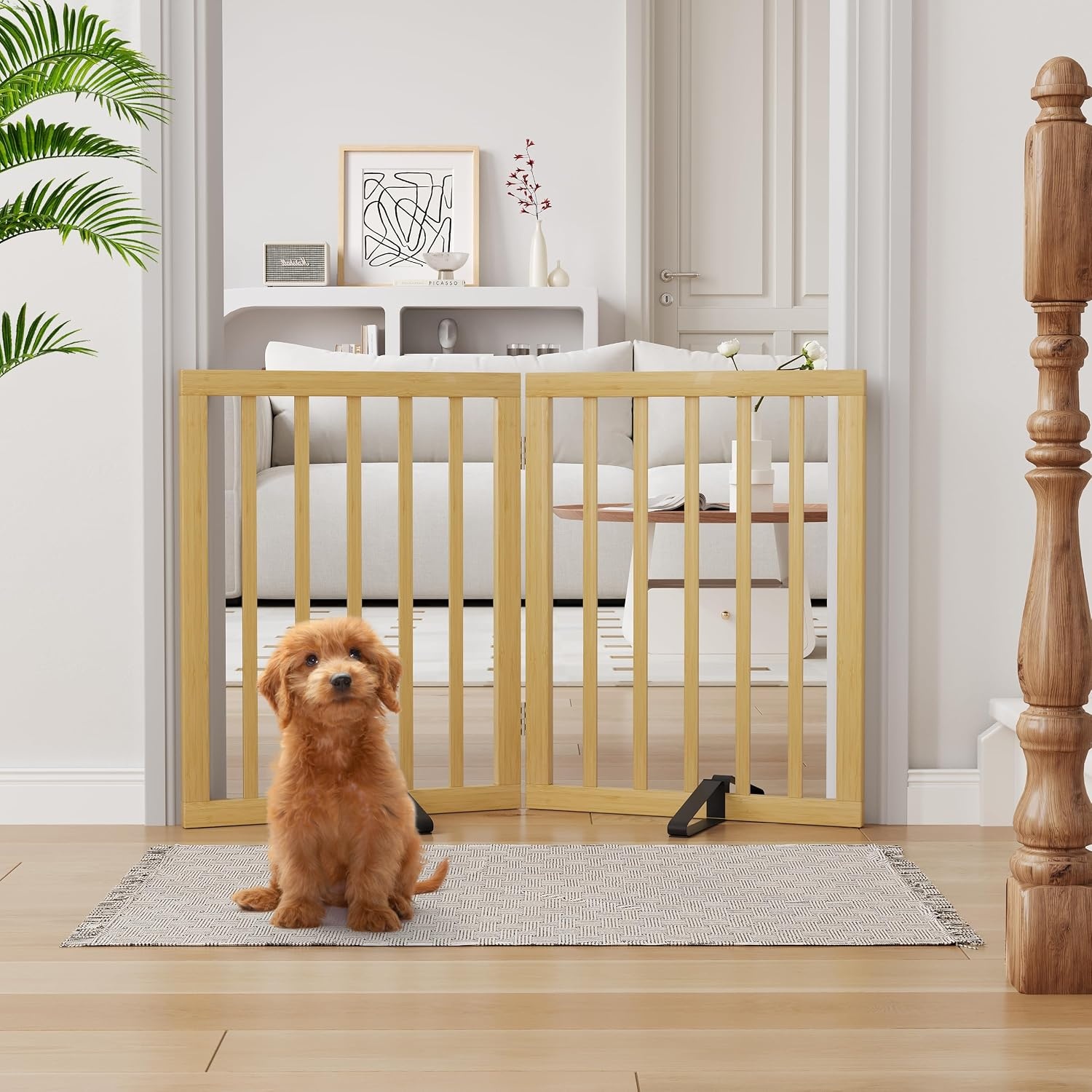 Semiocthome Bamboe vrijstaande hondenhekken voor deuropeningen, 2-panel indoor puppypoorten voor het huis met 2 metalen standaards, 60 cm (H) opvouwbaar huisdierhek voor trappen breidt uit tot 94 cm