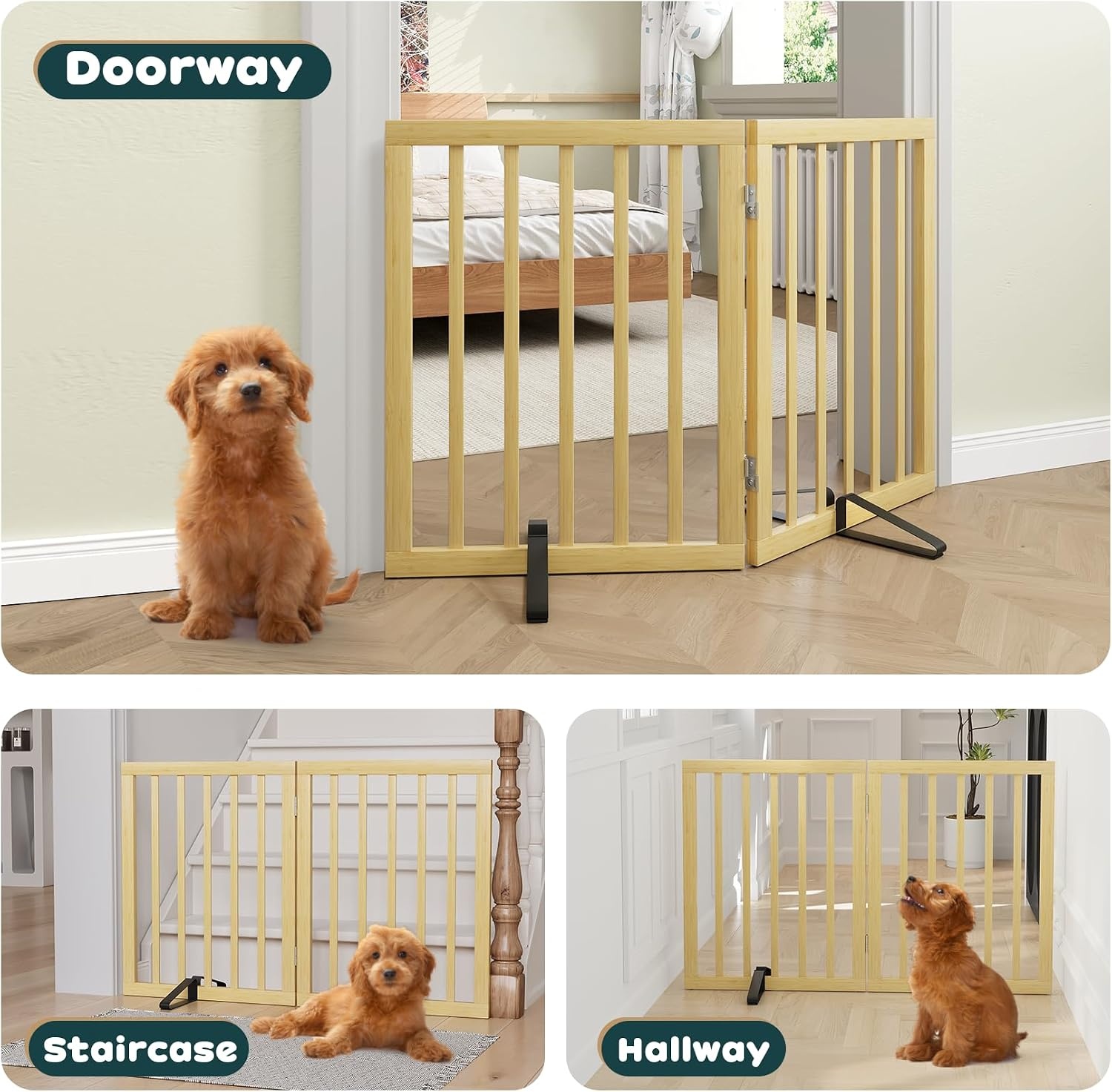 Semiocthome Bamboe vrijstaande hondenhekken voor deuropeningen, 2-panel indoor puppypoorten voor het huis met 2 metalen standaards, 60 cm (H) opvouwbaar huisdierhek voor trappen breidt uit tot 94 cm