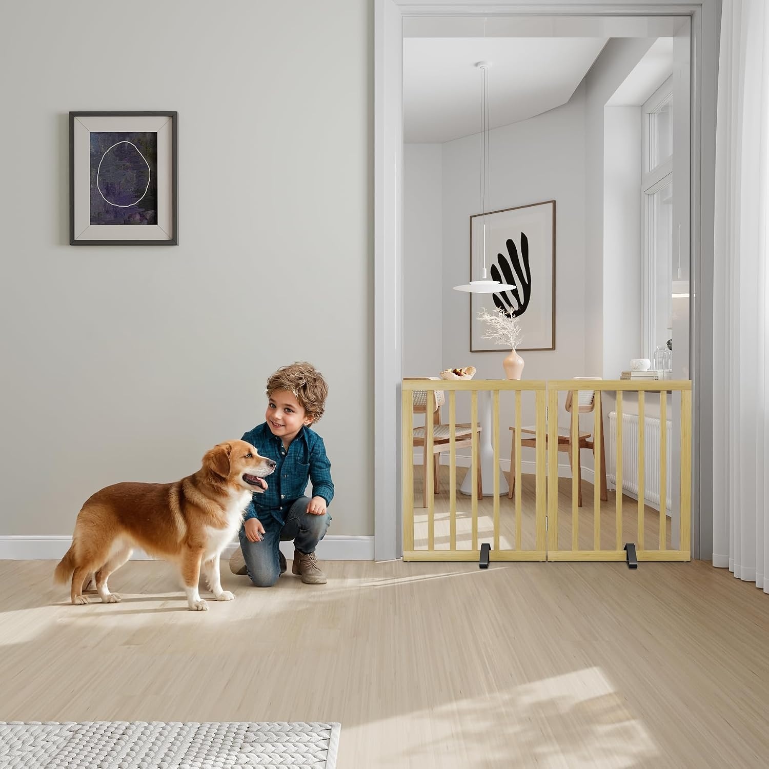 Semiocthome Bamboe vrijstaande hondenhekken voor deuropeningen, 2-panel indoor puppypoorten voor het huis met 2 metalen standaards, 60 cm (H) opvouwbaar huisdierhek voor trappen breidt uit tot 94 cm