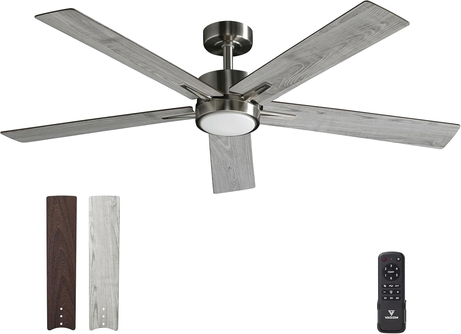 Plafondventilator met stil licht, 132 cm, led-plafondventilator met afstandsbediening en omkeerbare DC-motor, omkeerbaar, voor slaapkamer, zomer, winter, 3 bladen, grijs