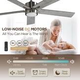 Plafondventilator met stil licht, 132 cm, led-plafondventilator met afstandsbediening en omkeerbare DC-motor, omkeerbaar, voor slaapkamer, zomer, winter, 3 bladen, grijs