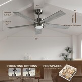 Plafondventilator met stil licht, 132 cm, led-plafondventilator met afstandsbediening en omkeerbare DC-motor, omkeerbaar, voor slaapkamer, zomer, winter, 3 bladen, grijs