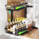 2 Niveaus Opbergrek voor onder de gootsteen 42,5cm Hoogte Verstelbaar Uittrekbaar Ladekast Organiser L-Vorm Onder Sink Plank Opbergruimte Voor Keuken Badkamer Berging Kast