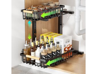 2 Niveaus Opbergrek voor onder de gootsteen 42,5cm Hoogte Verstelbaar Uittrekbaar Ladekast Organiser L-Vorm Onder Sink Plank Opbergruimte Voor Keuken Badkamer Berging Kast