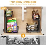 2 Niveaus Opbergrek voor onder de gootsteen 42,5cm Hoogte Verstelbaar Uittrekbaar Ladekast Organiser L-Vorm Onder Sink Plank Opbergruimte Voor Keuken Badkamer Berging Kast