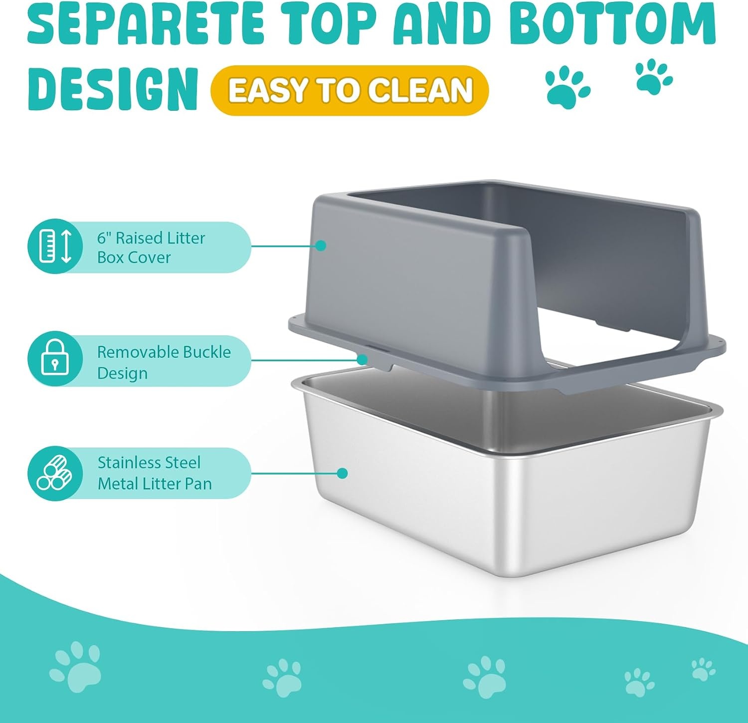 Cat litter box stainless steel lid, 30.5 cm metal, high sides, suitable for kittens