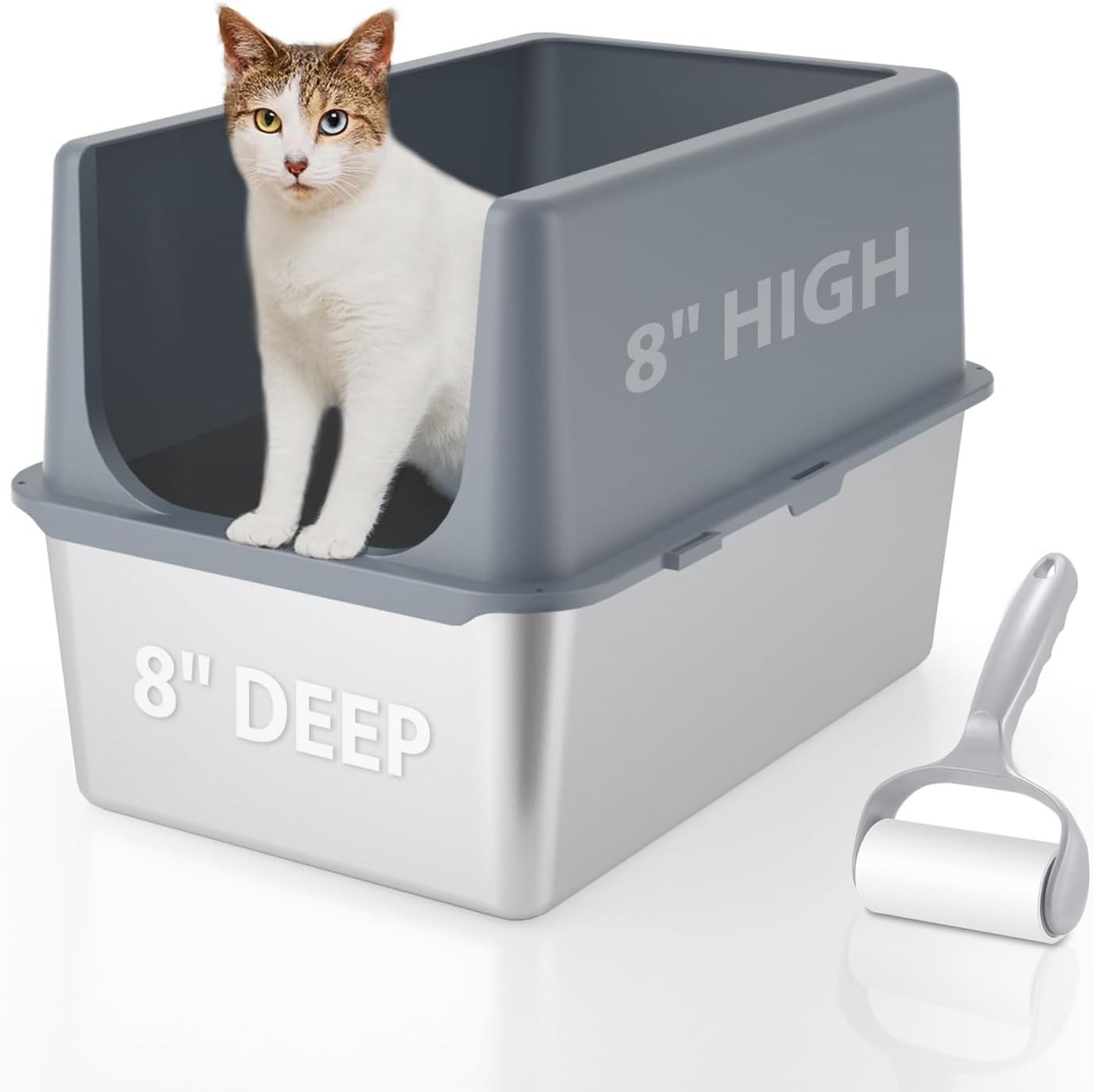 Cat litter box stainless steel lid, 30.5 cm metal, high sides, suitable for kittens