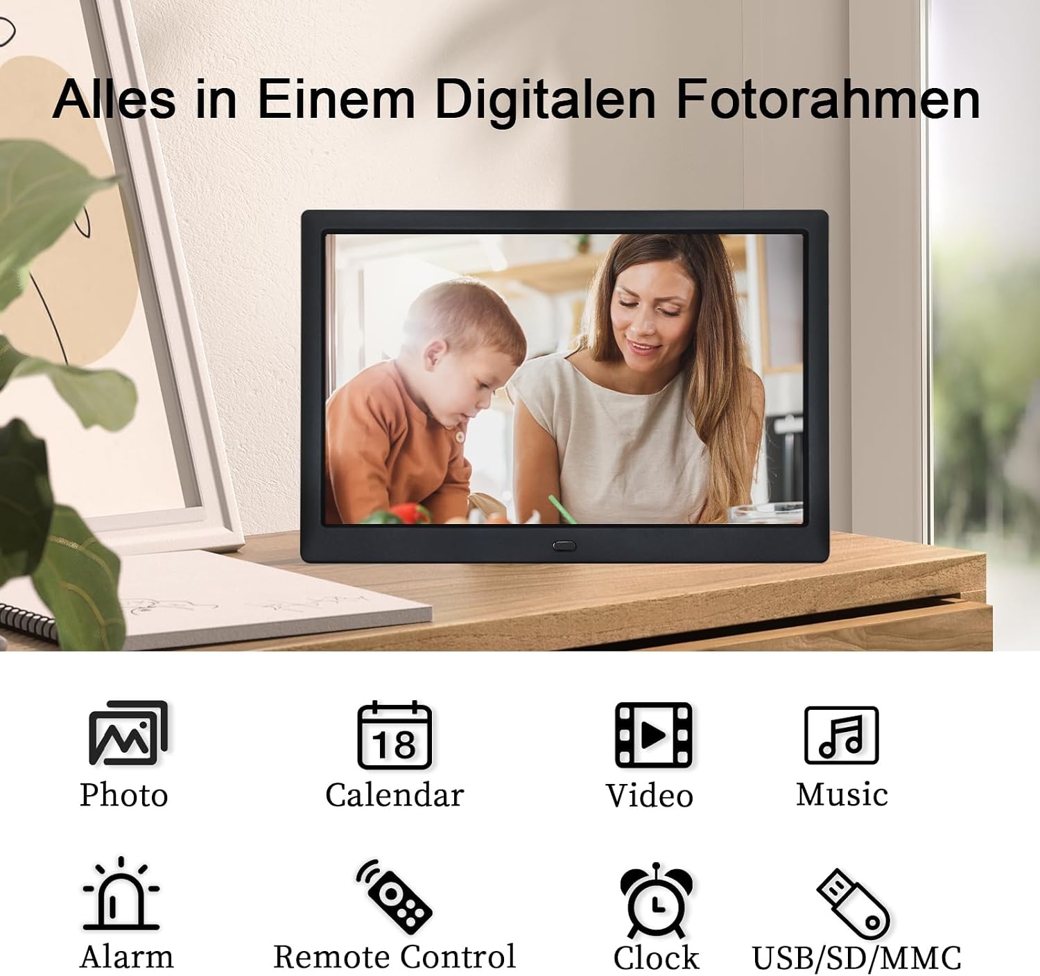 TSITSC 13,3 inch digitale fotolijst, 1280 x 800 elektronische fotolijst, muziek, videospeler, kalenderfunctie met afstandsbediening, ondersteunt USB/SD-kaart, desktop of wandmontage (zwart)