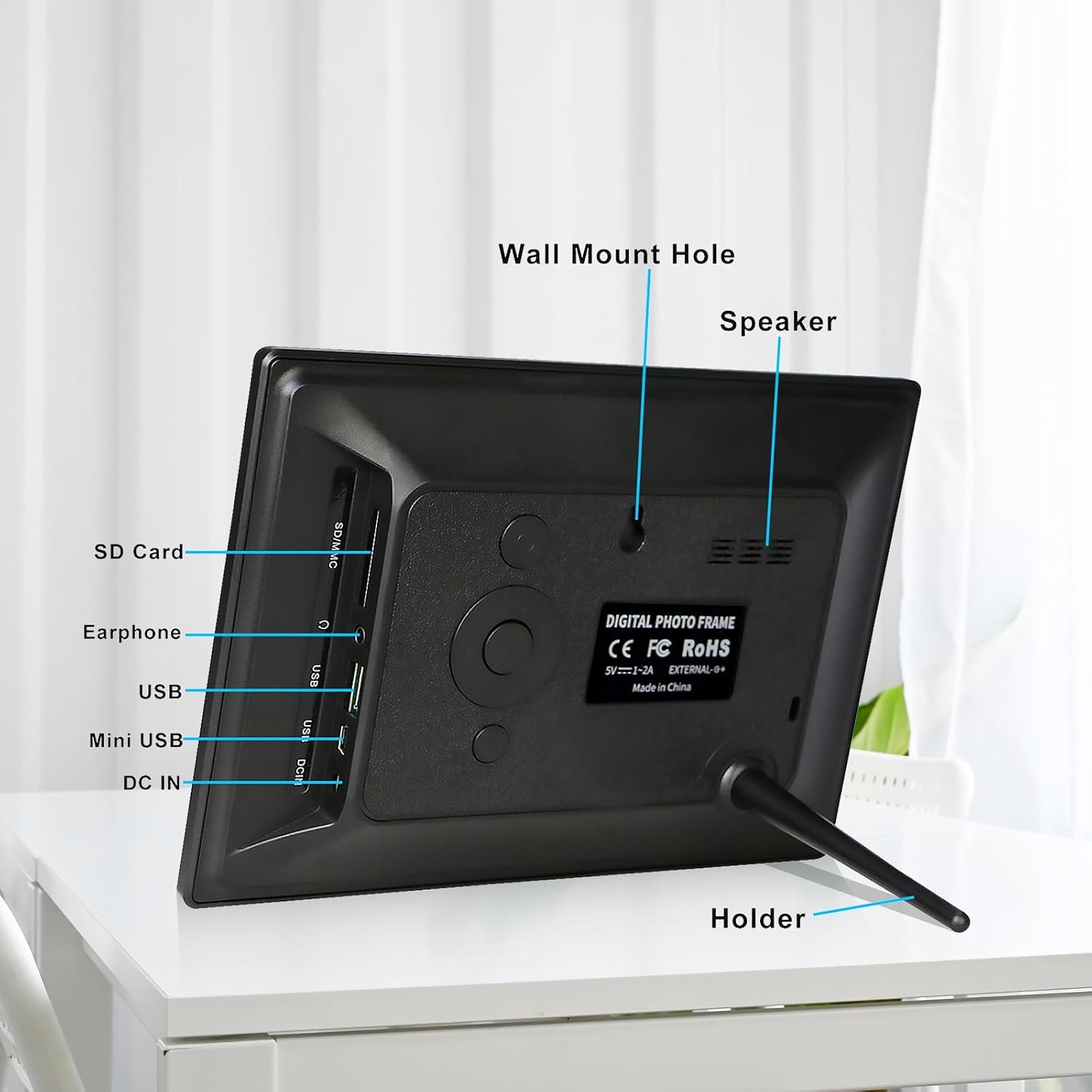 TSITSC Elektronische fotolijst, 1024 x 600 IPS-scherm, digitale fotolijst, kalender/klokfunctie, muziek/foto-/videospeler met afstandsbediening, ondersteunt USB/SD-kaart