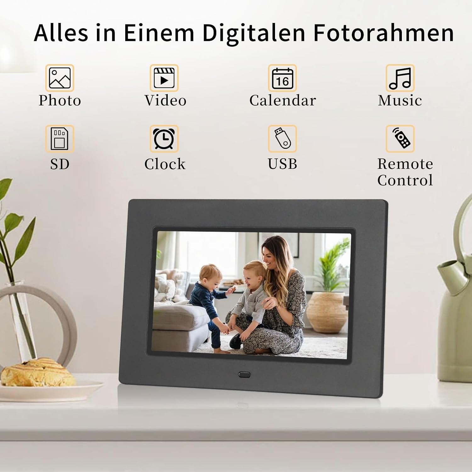TSITSC Elektronische fotolijst, 1024 x 600 IPS-scherm, digitale fotolijst, kalender/klokfunctie, muziek/foto-/videospeler met afstandsbediening, ondersteunt USB/SD-kaart