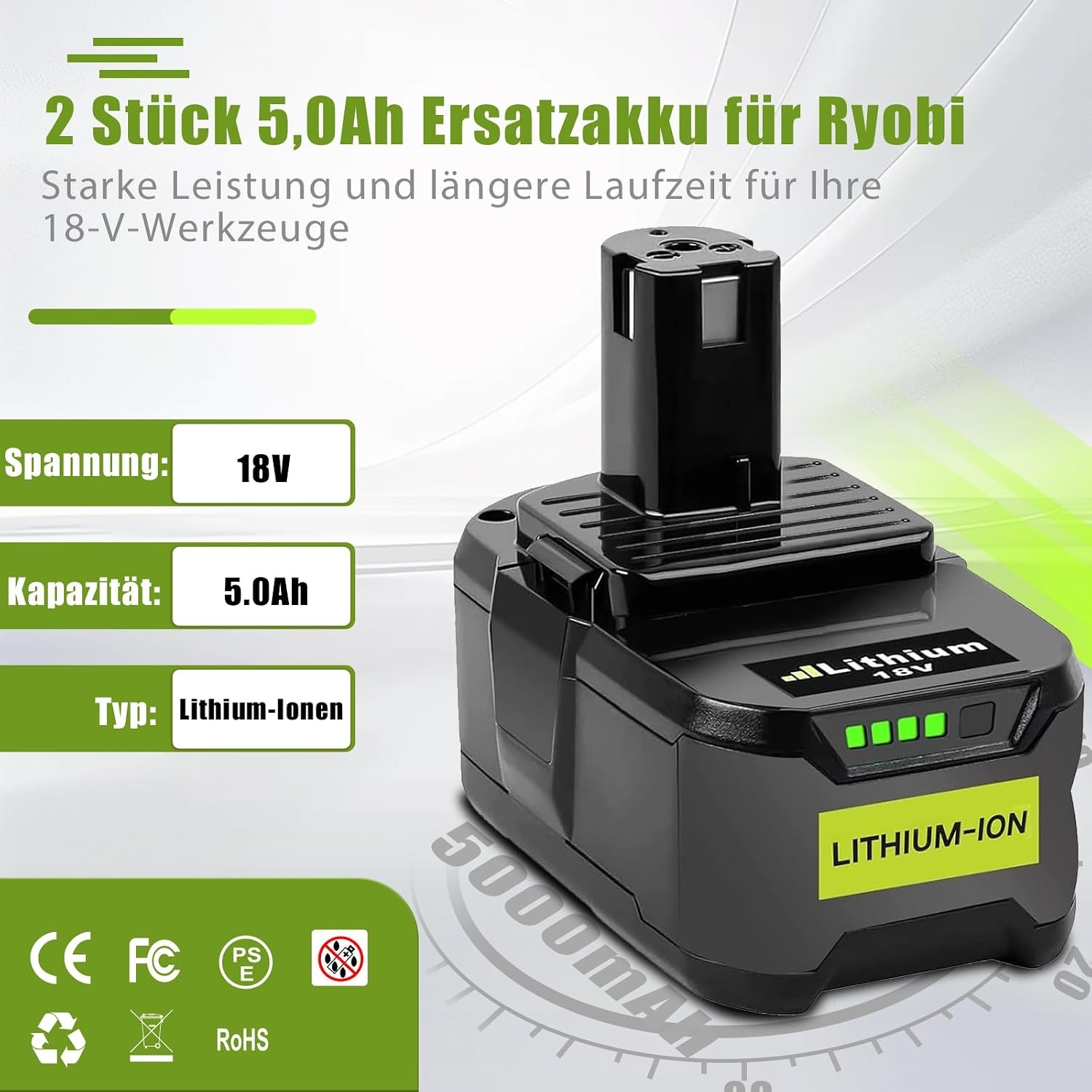 2 stuks 5,0Ah reserveaccu voor Ryobi 18V P108 Li-ion batterij, accu voor Ryobi ONE+ P104 P105 P107 RB18L50 RB18L40 RB18L25 RB18L15 RB18L13 gereedschapsaccu met LED-display