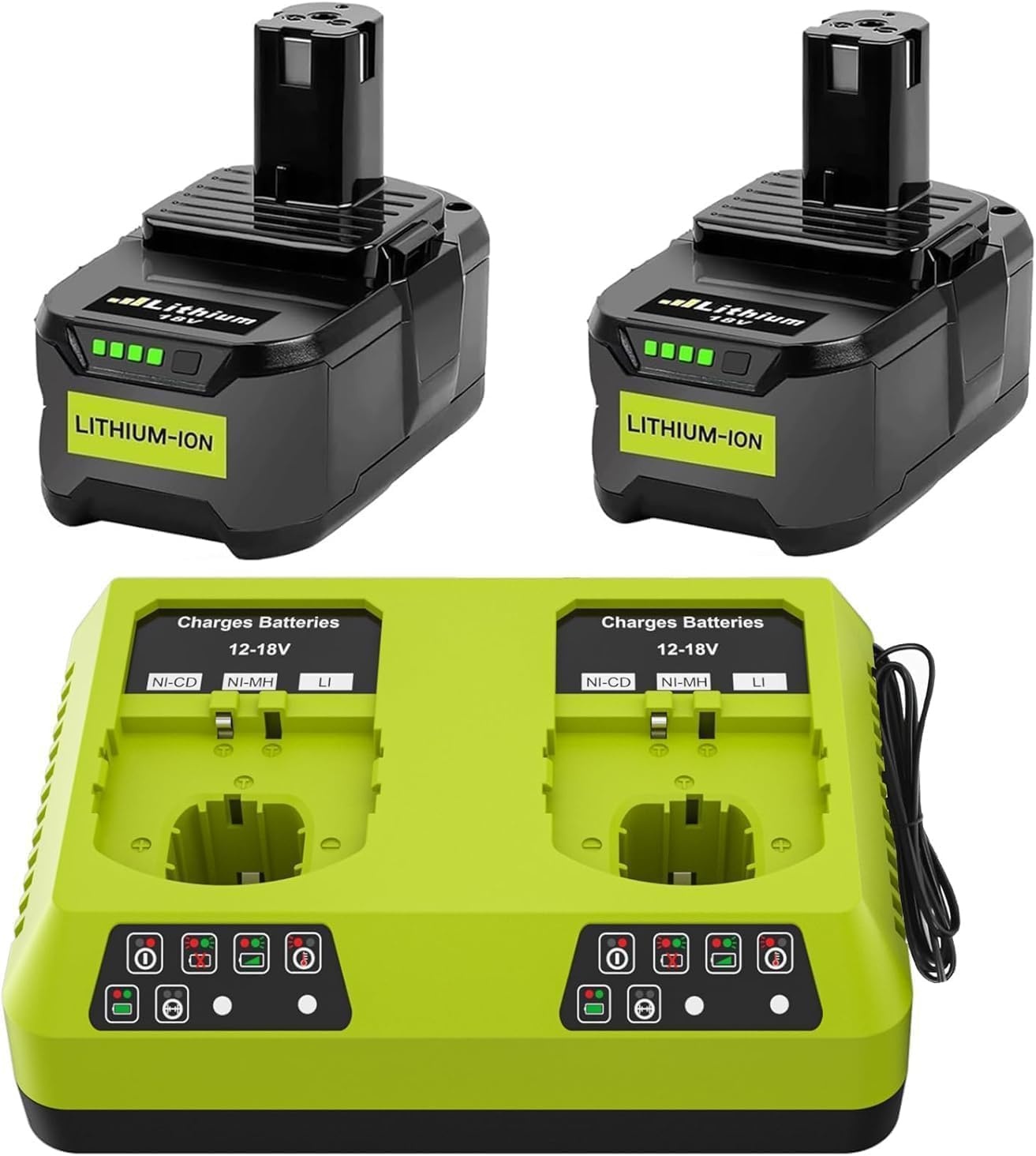 2 stuks 8,0 Ah accu voor Ryobi met 6A dual-port oplader, 18V Li-ion vervangende accu voor Ryobi ONE+ accu RB18L40 RB18L25 RB18L15 P102 P103 P104 P105 P106 P107 P108