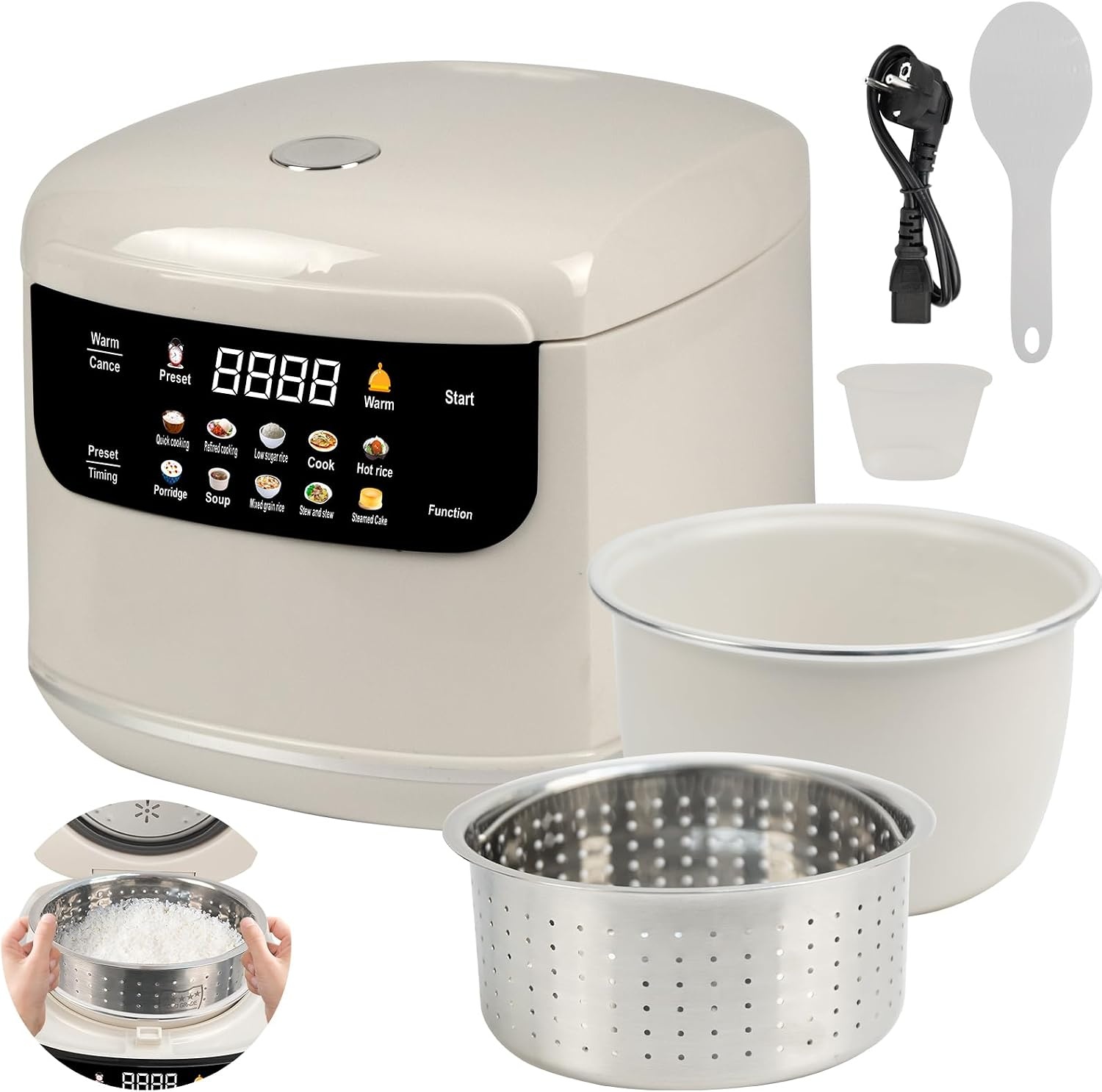 Cuiseur à riz Low Sugar 2 l met functie Low Carb et cuiseur vapeur, cuiseur à riz 10 en 1 avec minuterie 24 h et functie van de maintia au chaud 8 h, gemakkelijk te onderhouden