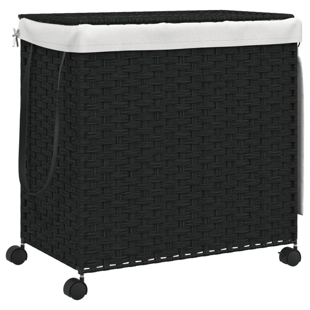 Wasmand op wielen, Rattan Zwart - 60% Korting