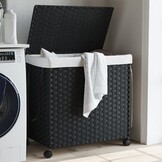 Wasmand op wielen, Rattan Zwart - 60% Korting