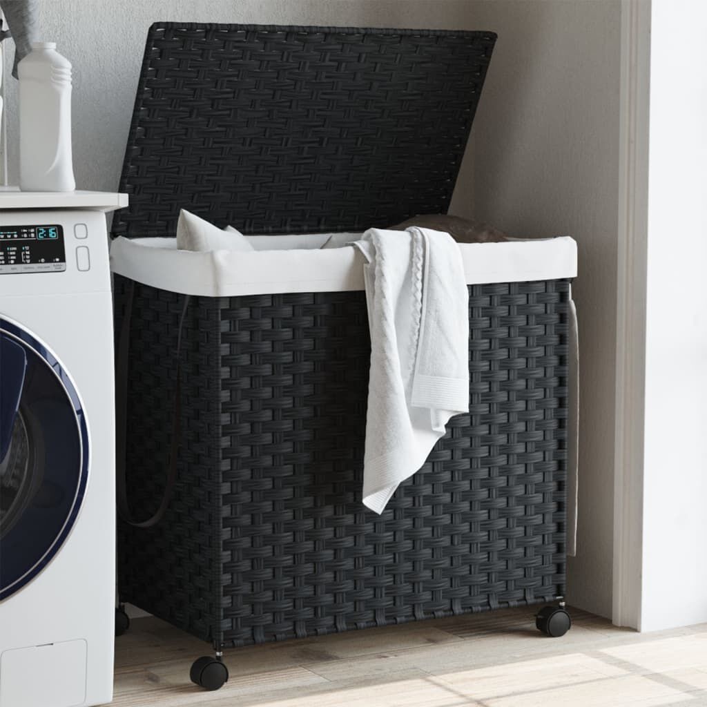 Wasmand op wielen, Rattan Zwart - 60% Korting