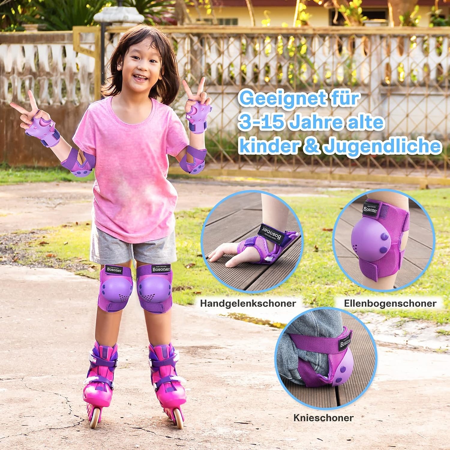 BOSONER Children's Knee Pads 6-in-1 Protection Set for Children and Teenagers with Wrist Guard/Knee Elbow Pads, Adjustable Inline Skates Protector Set for Skateboard, Scooter, Skating, BMX Bike