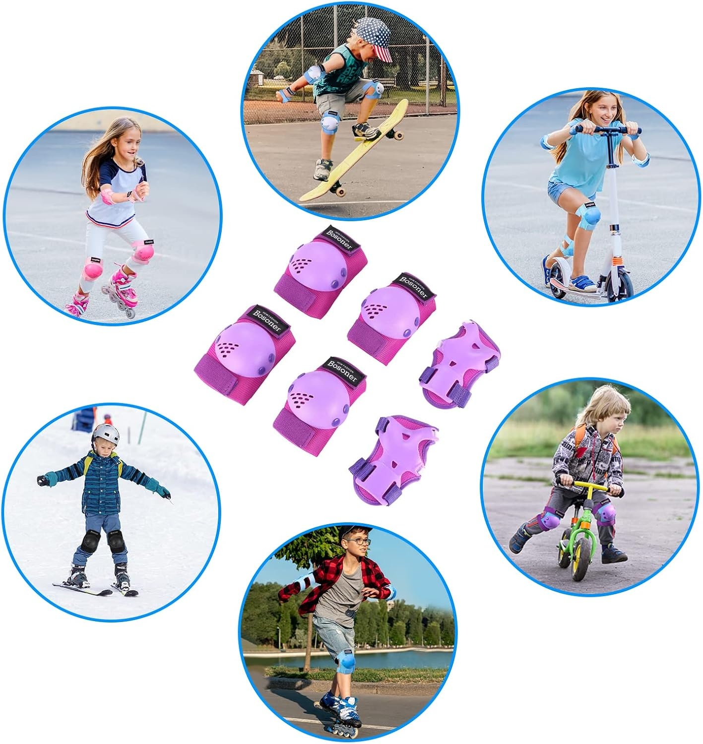 BOSONER Children's Knee Pads 6-in-1 Protection Set for Children and Teenagers with Wrist Guard/Knee Elbow Pads, Adjustable Inline Skates Protector Set for Skateboard, Scooter, Skating, BMX Bike