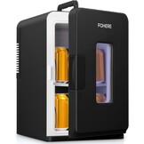 FOHERE Kleine mini-koelkast, 15 l/21 blikjes, draagbare koelkast AC + DC 12 V, stille modus, koelende en verwarmende functie, cosmeticakoeler, zwart
