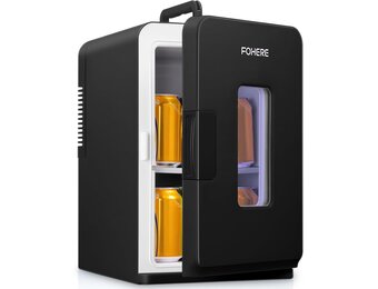 FOHERE Kleine mini-koelkast, 15 l/21 blikjes, draagbare koelkast AC + DC 12 V, stille modus, koelende en verwarmende functie, cosmeticakoeler, zwart