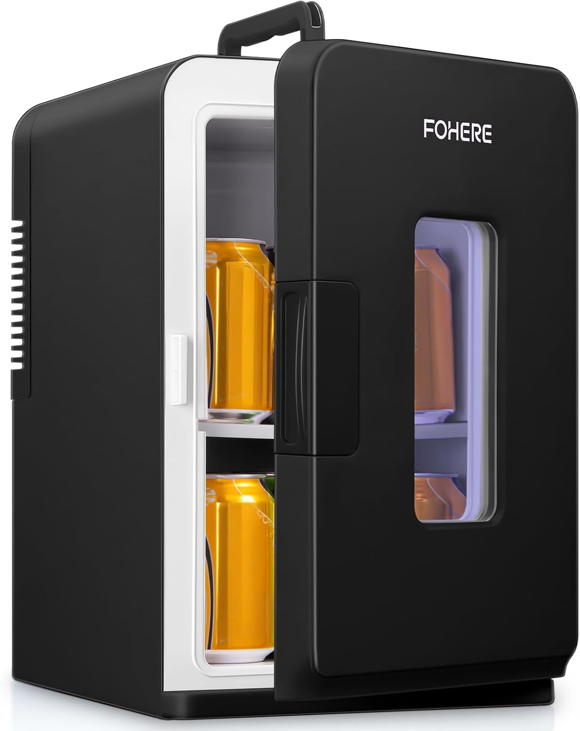 FOHERE Kleine mini-koelkast, 15 l/21 blikjes, draagbare koelkast AC + DC 12 V, stille modus, koelende en verwarmende functie, cosmeticakoeler, zwart