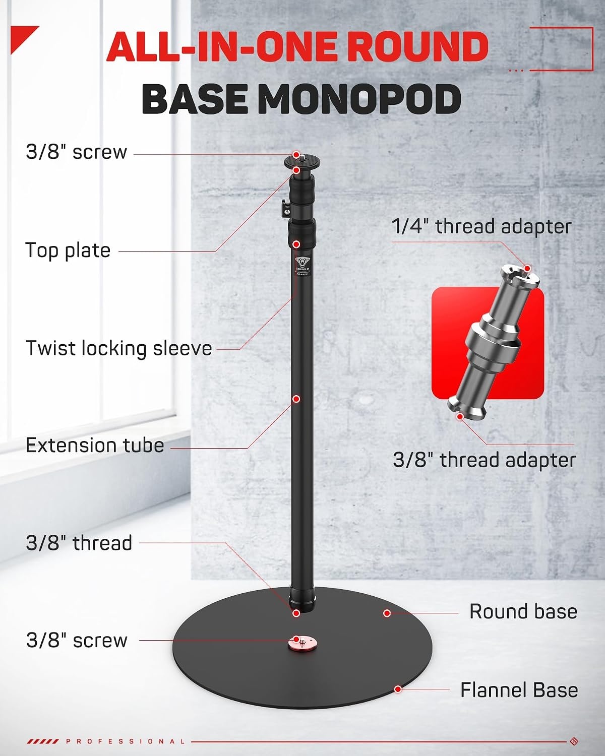 IFOOTAGE Cobra 2 monopod met ronde basis, snel verstelbare hoogtegesp, aluminium monopod voor DSLR-camera's, camcorders, desktopvlogopnames (40 cm) - Maat 201.6 cm/79.4 inch
