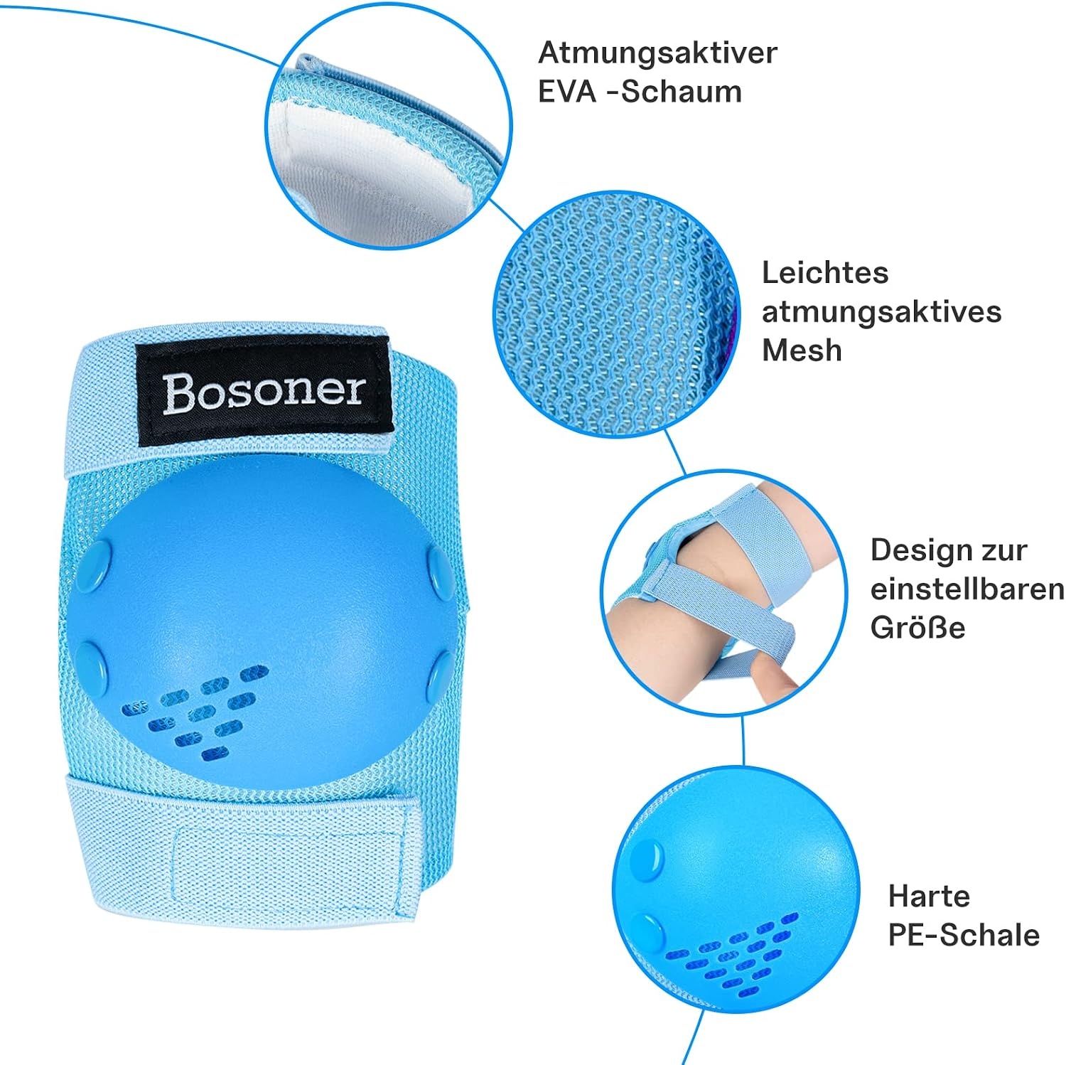 BOSONER Kinder Beschermingsset 6-Delig - Knie-, Elleboog- en Polsbeschermers Blauw