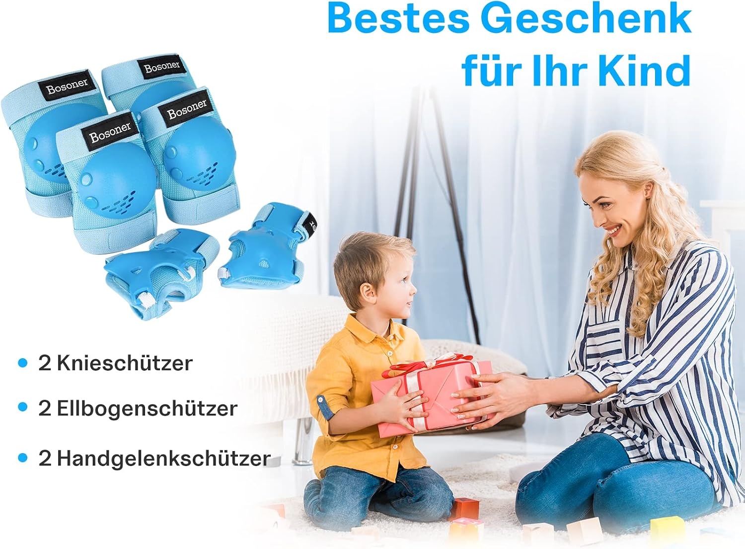 BOSONER Kinder Beschermingsset 6-Delig - Knie-, Elleboog- en Polsbeschermers Blauw