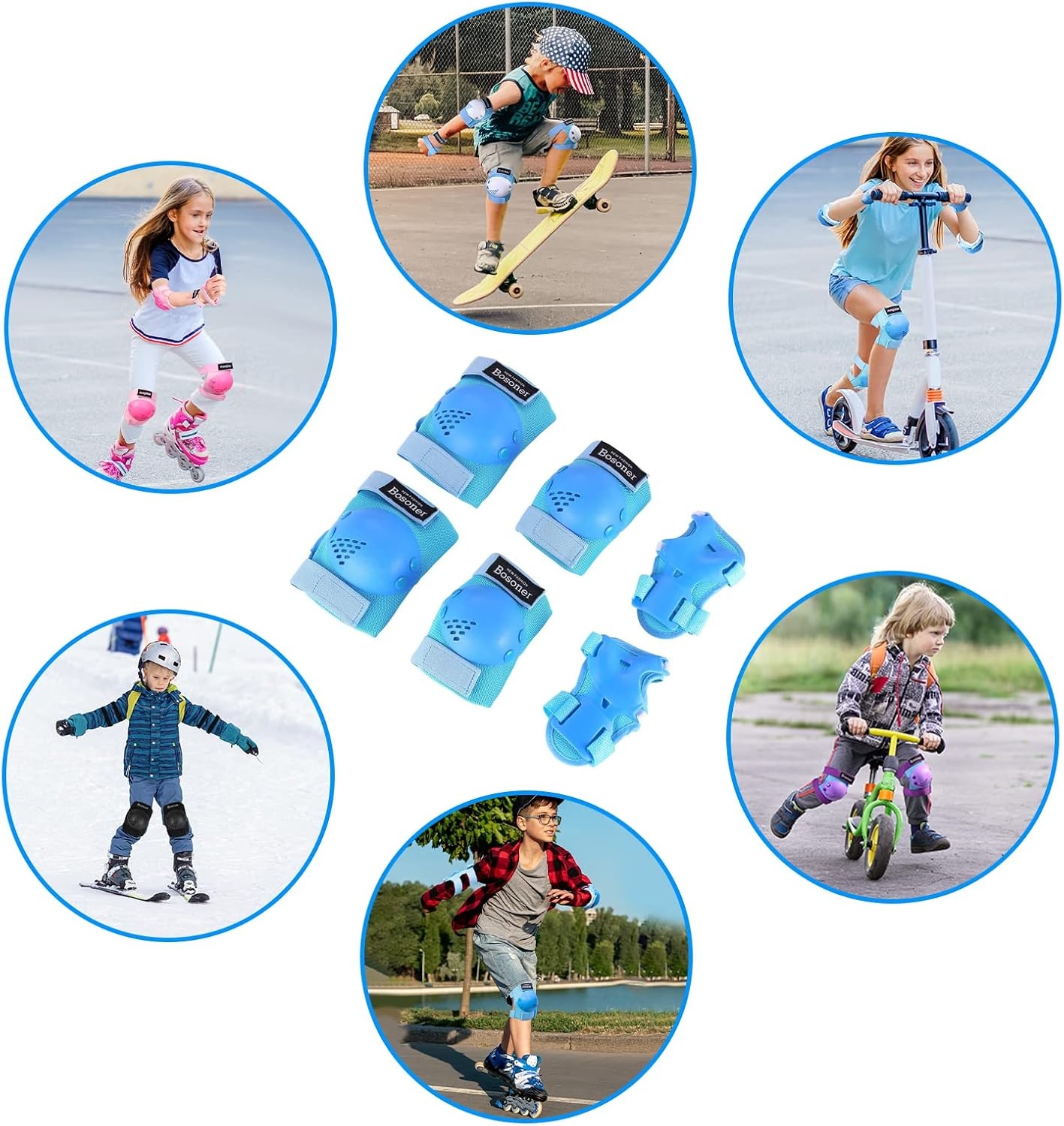 BOSONER Kinder Beschermingsset 6-Delig - Knie-, Elleboog- en Polsbeschermers Blauw