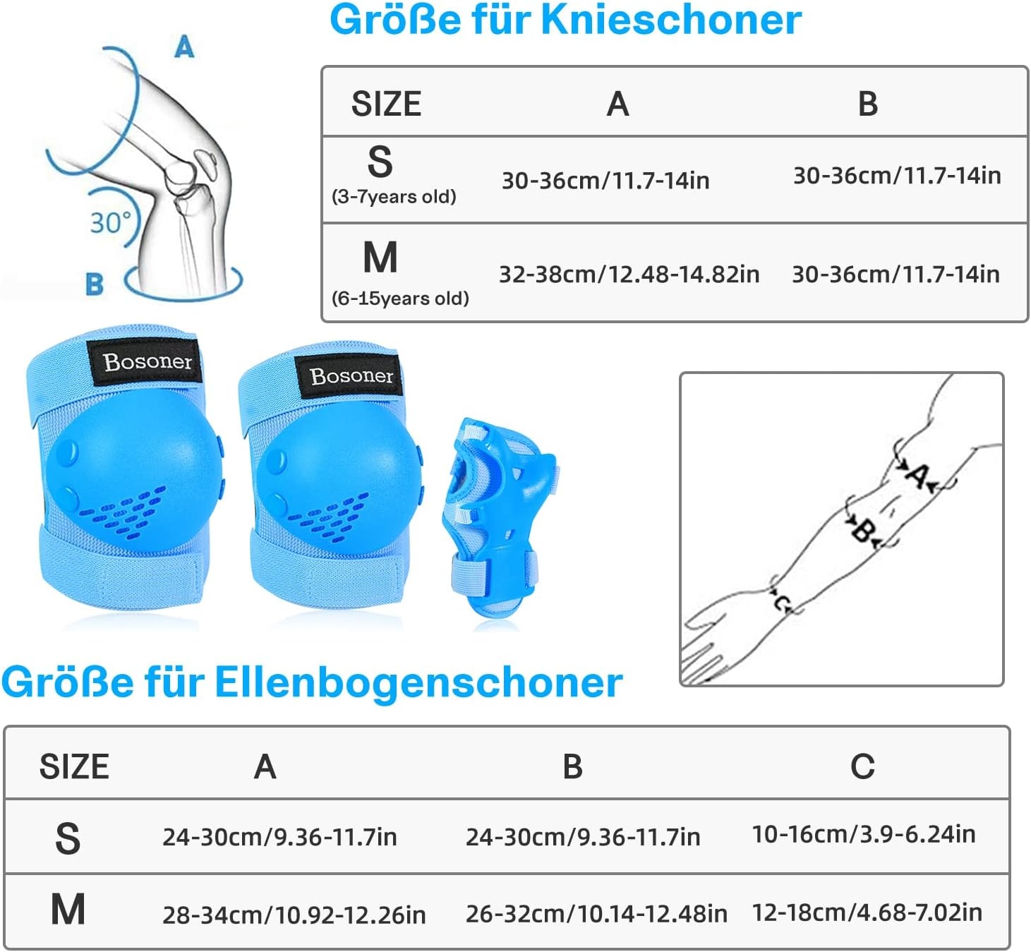 BOSONER Kinder Beschermingsset 6-Delig - Knie-, Elleboog- en Polsbeschermers Blauw