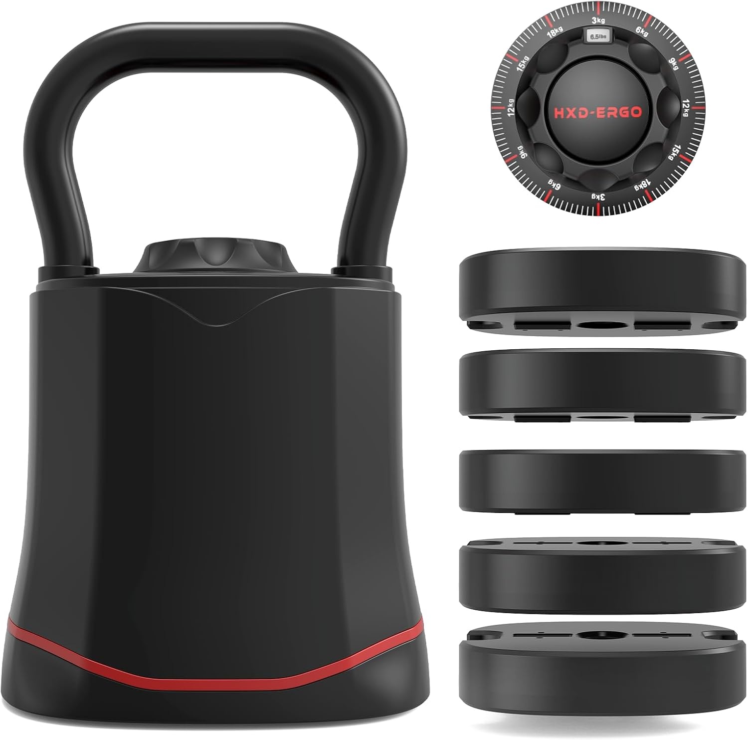HXD-ERGO Adjustable Kettlebell, 6-in-1 (3-18kg), Quick Change Weight, Wide Handle, Compact Kettlebell for Home and Home Gym Training