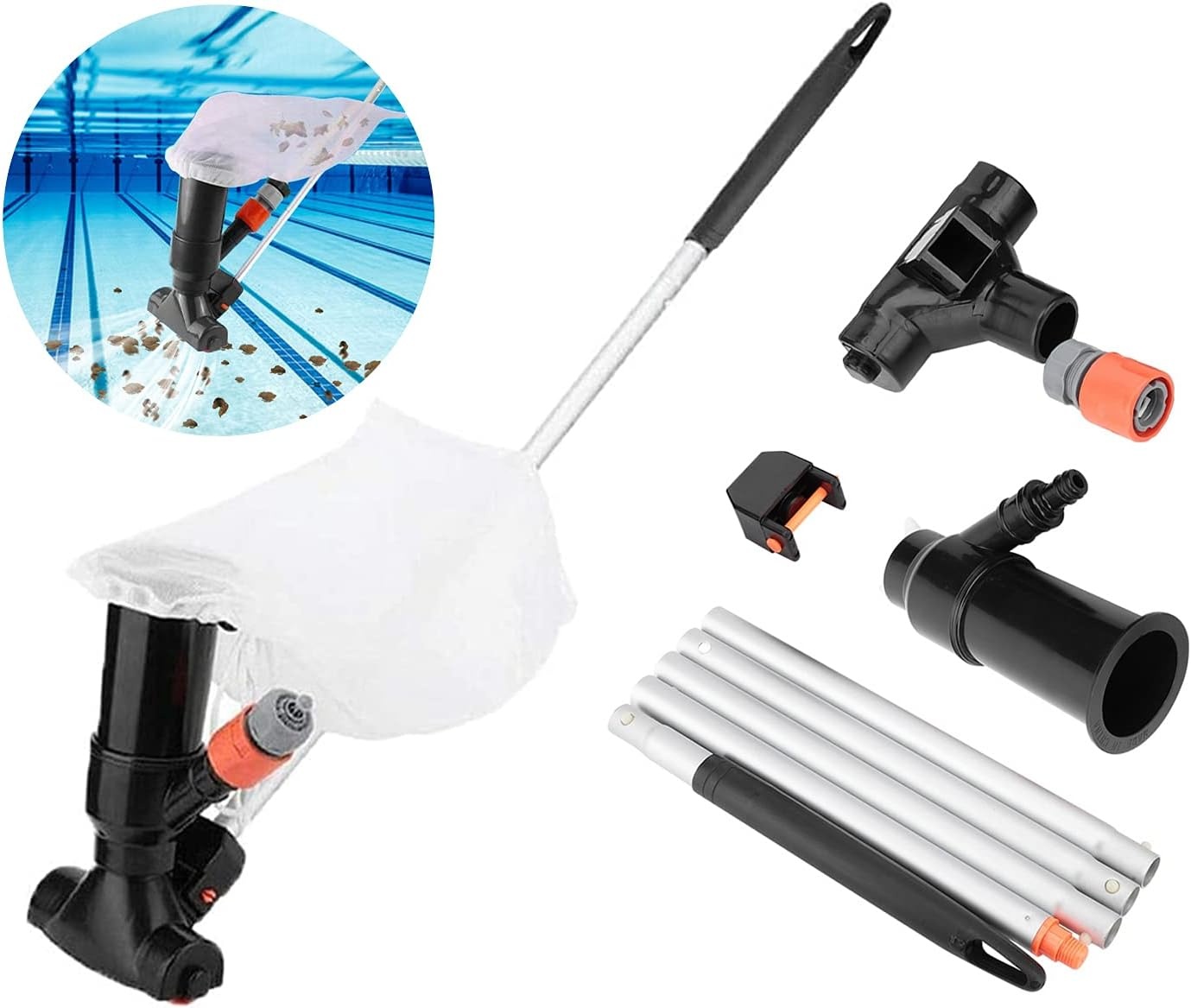 Pool Vacuum Cleaner Garden Hose, Pool Cleaner Floor Vacuum Cleaner Set, Wirlpool Handheld Vacuum Cleaner, Garden Pond Pool Vacuum Cleaner Floor with 1.5 m Telescopic Rod (Black)