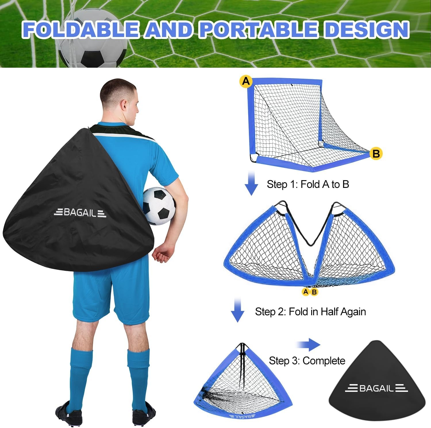 Bagail Voetbaldoel, Pop-up Voetbalnet met Doeldoel, Grondpennen en Draagbare Draagtas, Eenvoudig in elkaar te zetten, Ideaal voor Tuin Training en Recreatieve Wedstrijden